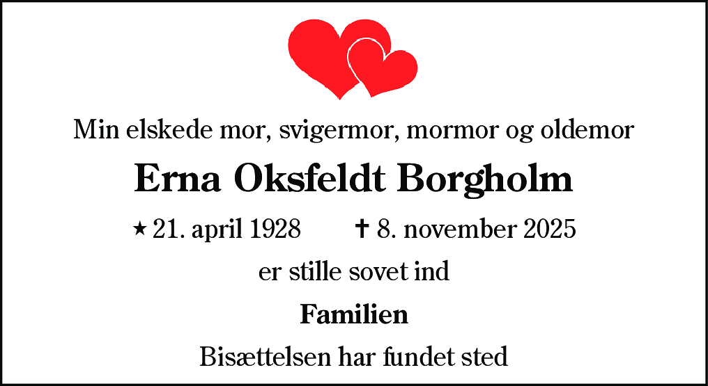 Dødsannonce for Erna Oksfeldt Borgholm