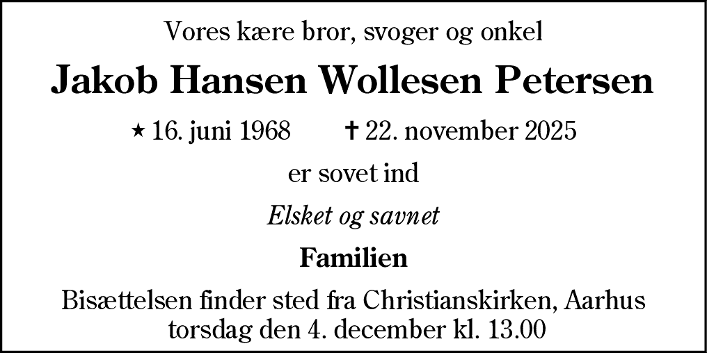 Dødsannonce for Jakob Hansen Wollesen Petersen