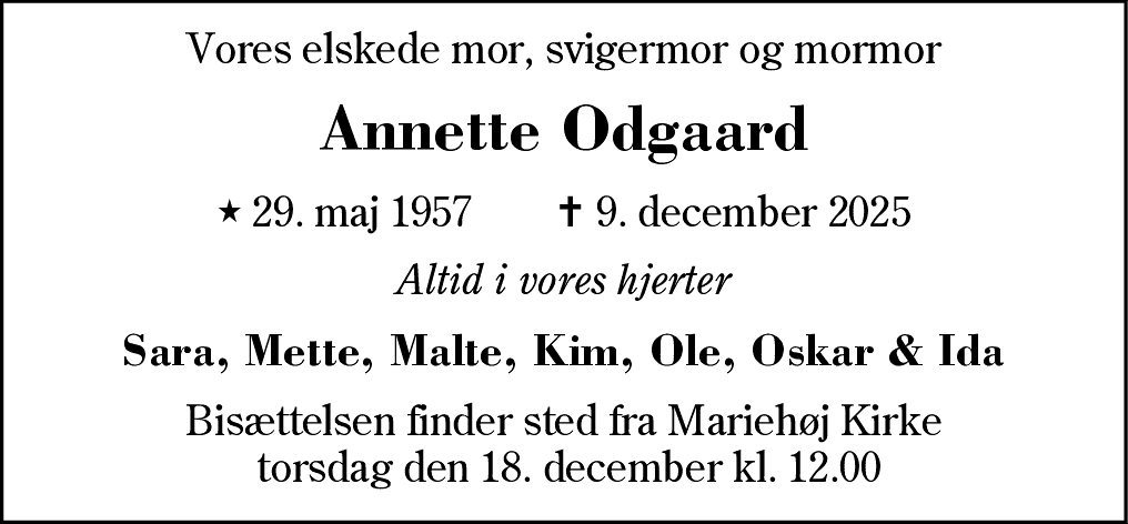 Dødsannonce for Annette Odgaard