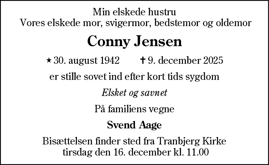 Dødsannonce for Conny Jensine Jonine Jensen