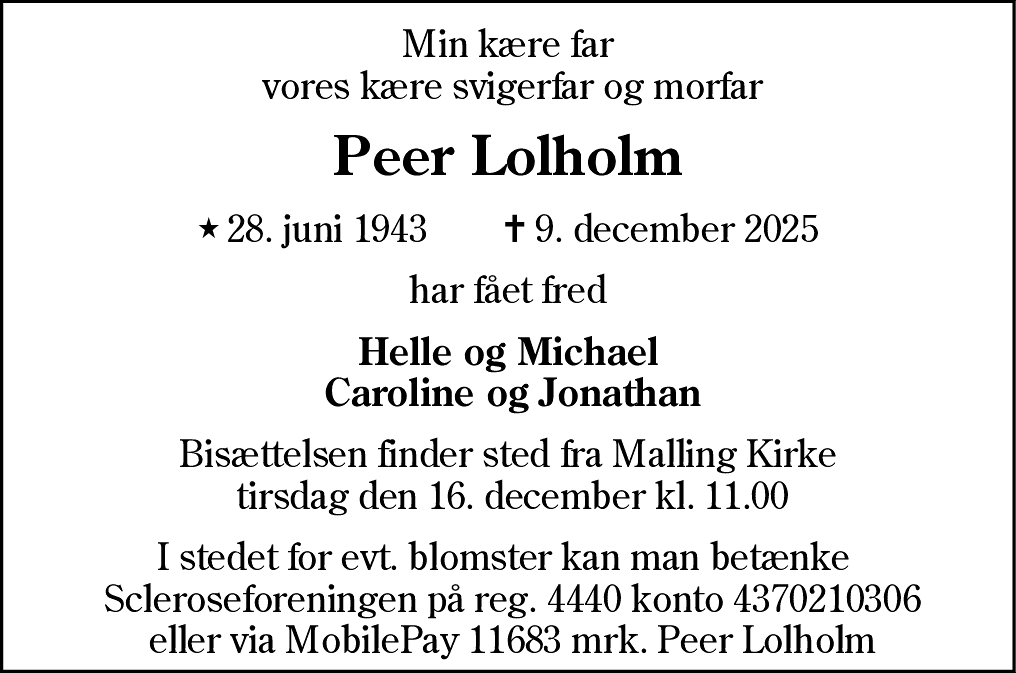 Dødsannonce for Peer Lolholm