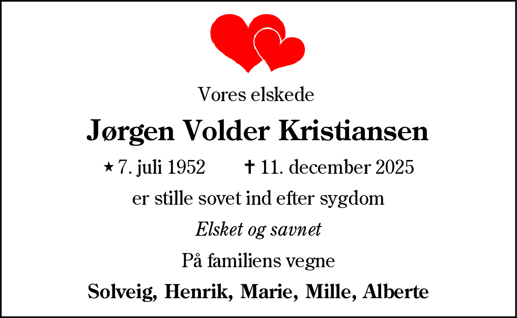 Dødsannonce for Jørgen Volder Kristiansen