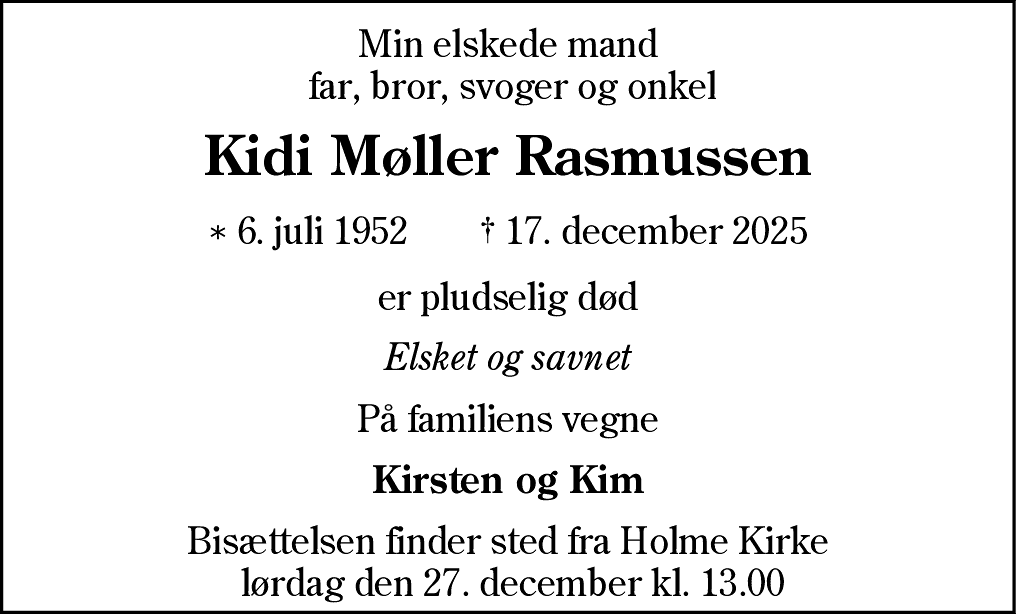 Dødsannonce for Kidi Møller Rasmussen
