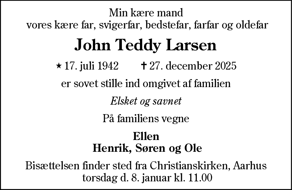 Dødsannonce for John Teddy Larsen