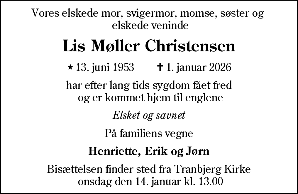 Dødsannonce for Lis Møller Christensen