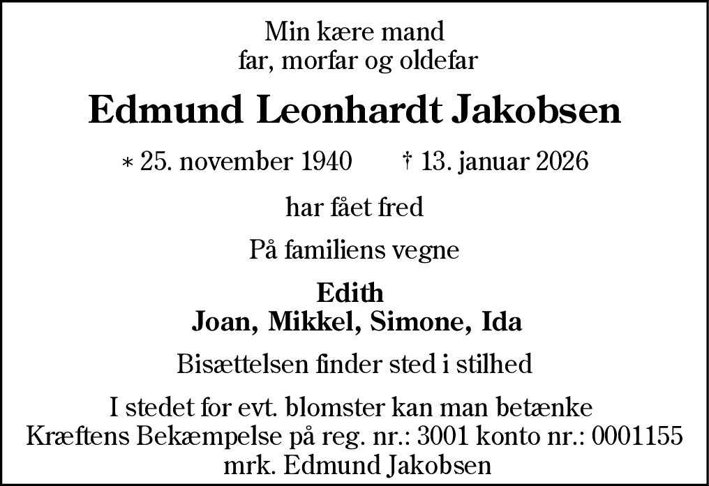 Dødsannonce for Edmund Leonhardt Jakobsen