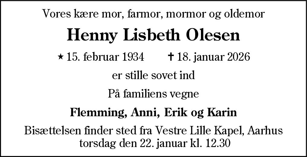 Dødsannonce for Henny Lisbeth Olesen