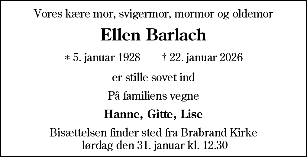 Dødsannonce for Ellen Barlach