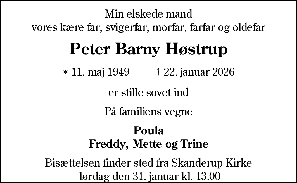 Dødsannonce for Peter Barny Høstrup