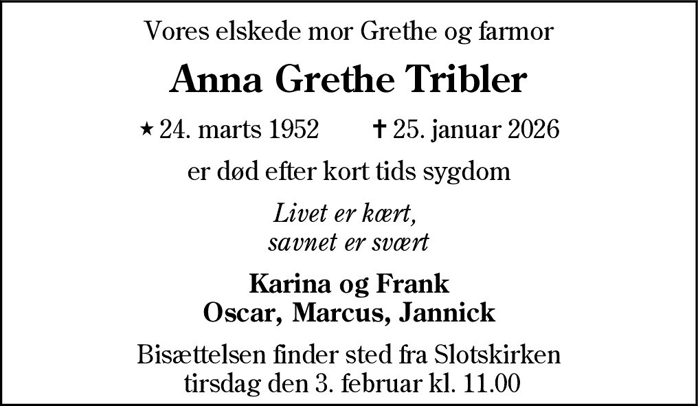 Dødsannonce for Anna Grethe Tribler