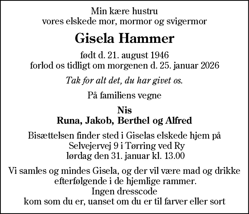 Dødsannonce for Gisela Hammer