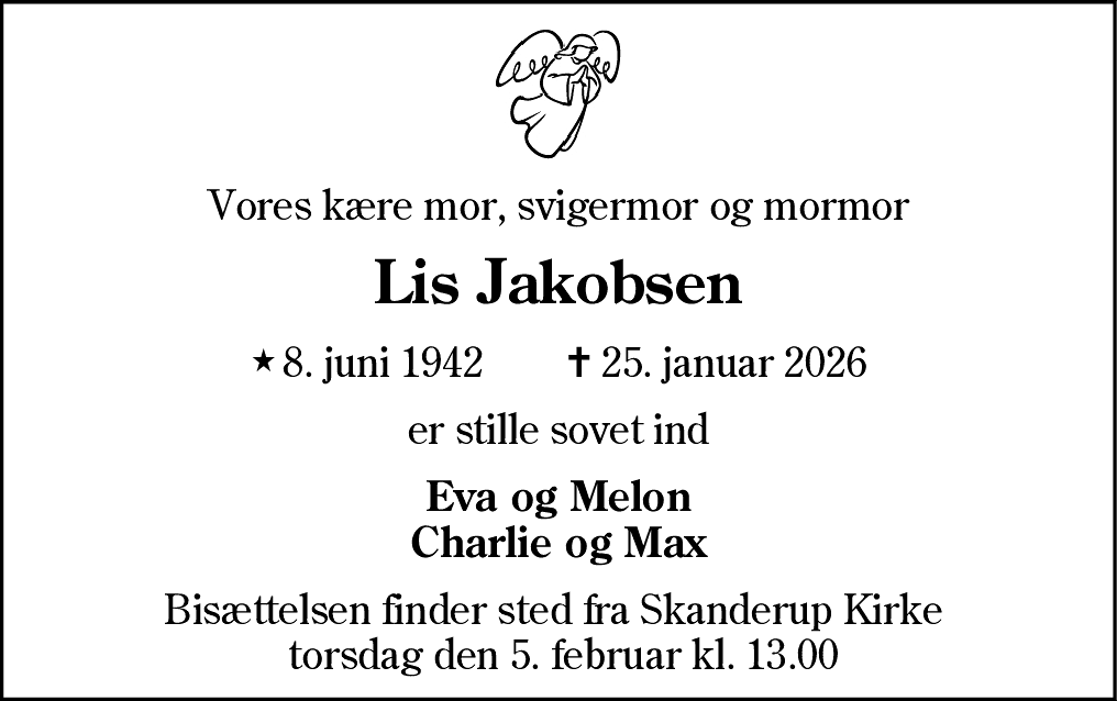 Dødsannonce for Lis Jakobsen