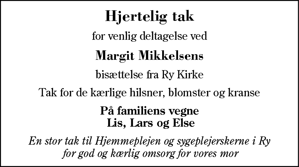 Dødsannonce for Margit Mikkelsen
