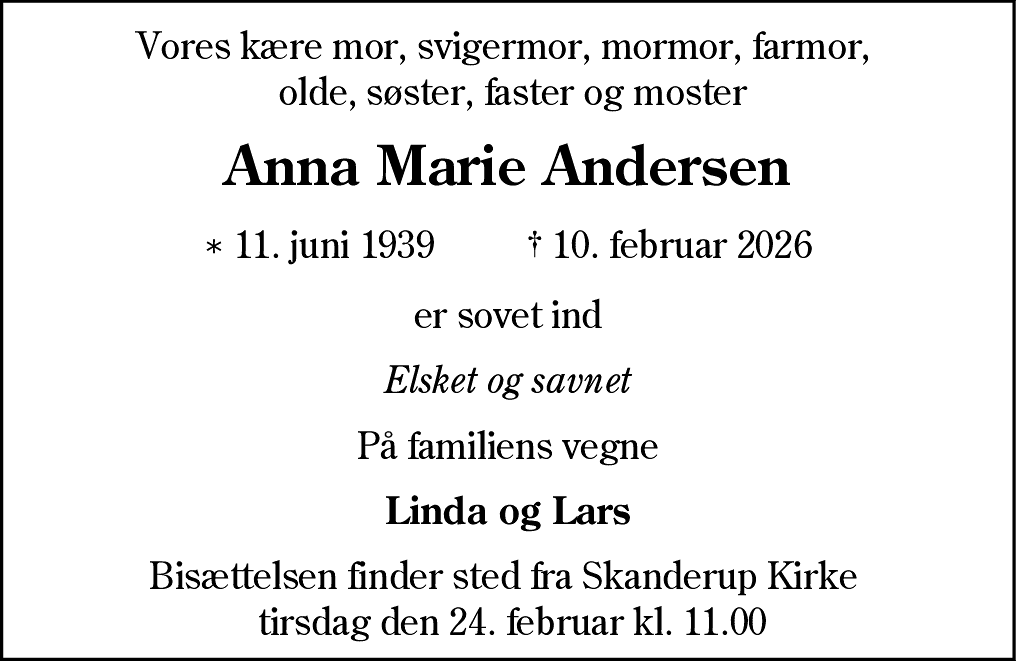 Dødsannonce for Anna Marie Andersen