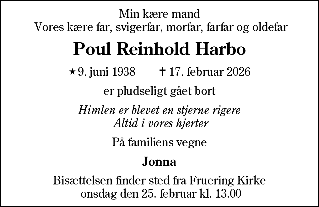 Dødsannonce for Poul Reinhold Harbo