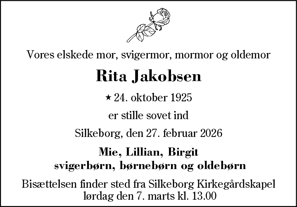 Dødsannonce for Rita Jakobsen