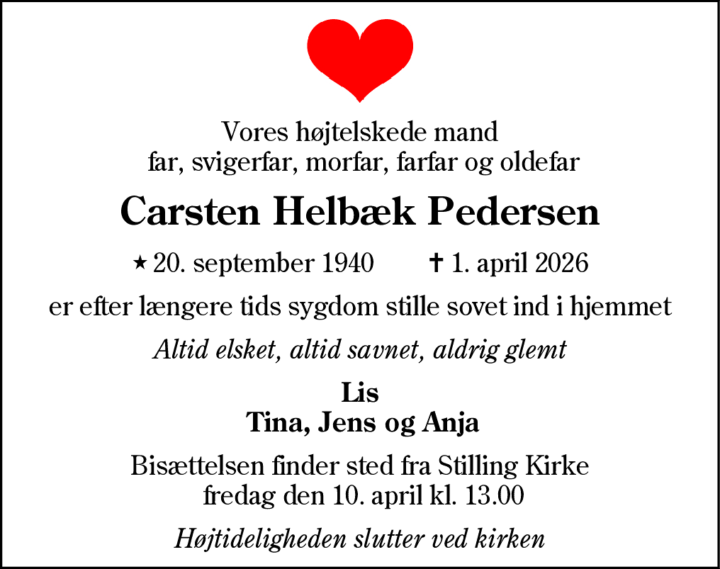 Dødsannonce for Carsten Helbæk Pedersen