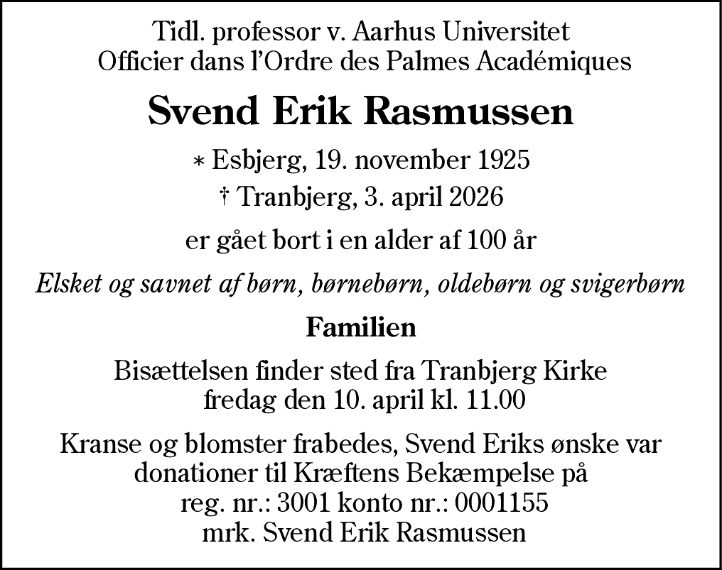 Dødsannonce for Svend Erik Rasmussen
