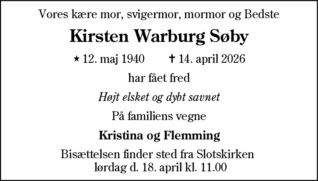 Dødsannonce for Kirsten Warburg Søby