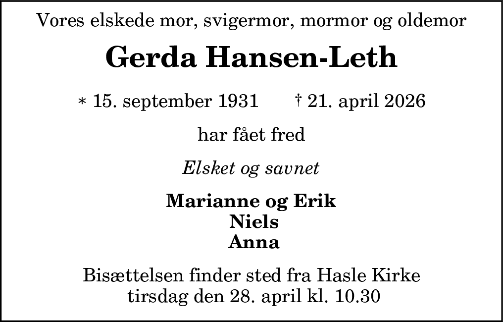 Dødsannonce for Gerda Hansen-Leth