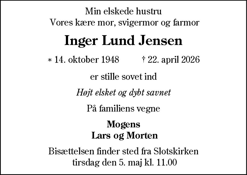Dødsannonce for Inger Lund Jensen