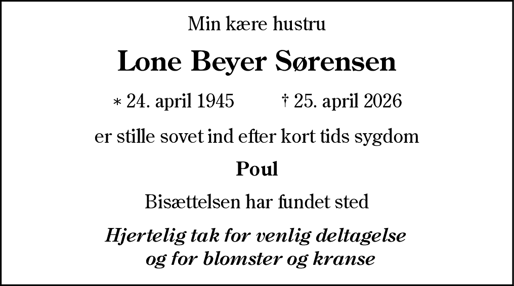 Dødsannonce for Lone Beyer Sørensen