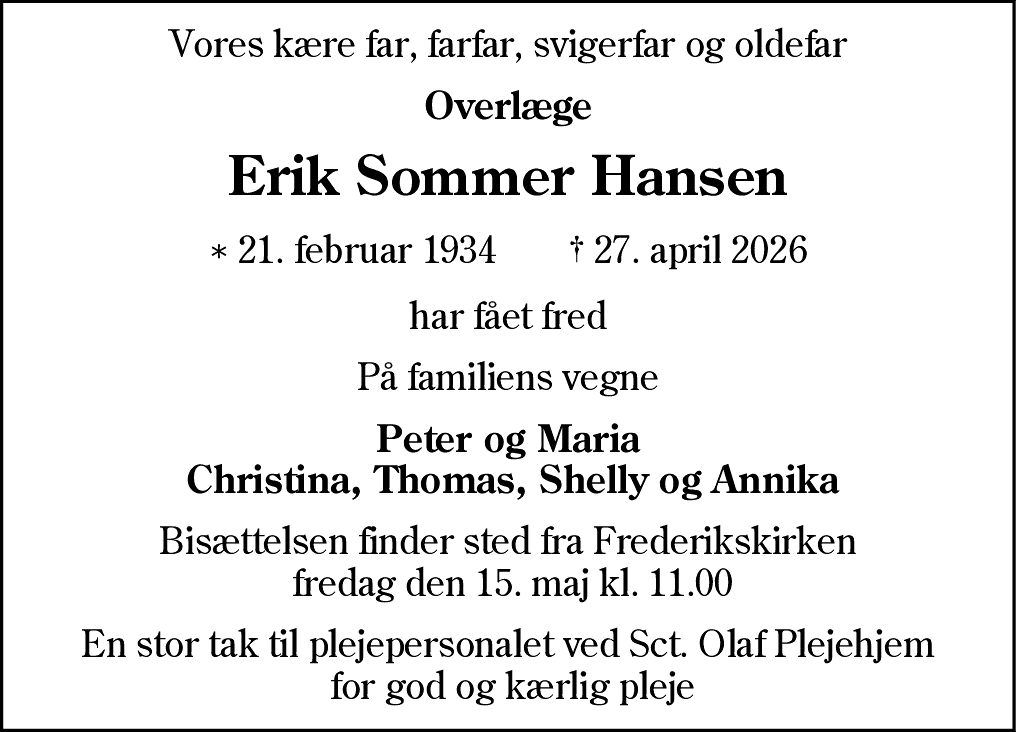Dødsannonce for Erik Erling Sommer Hansen