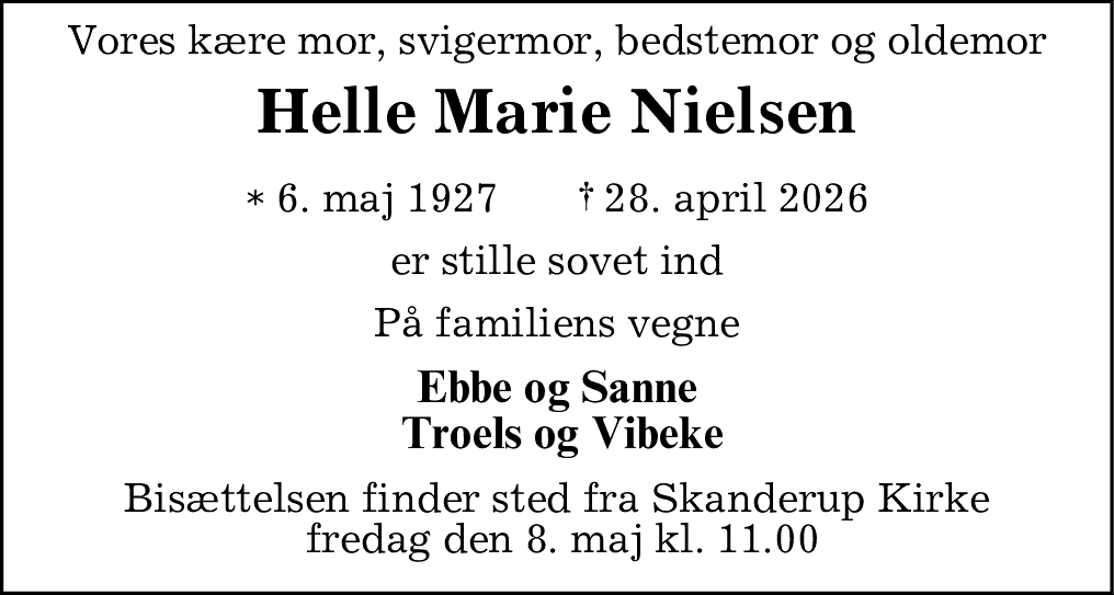 Dødsannonce for Helle Marie Nielsen