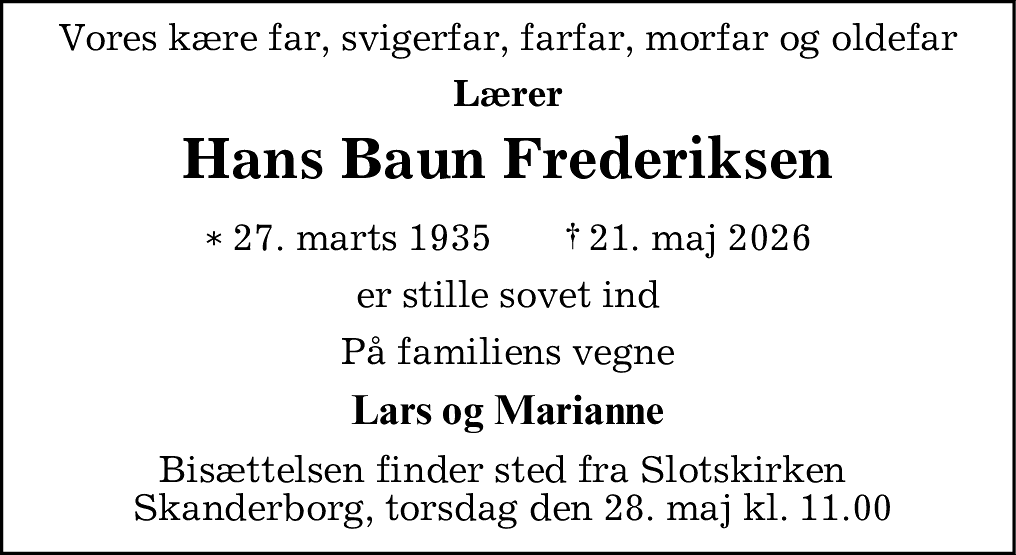 Dødsannonce for Hans Baun Frederiksen
