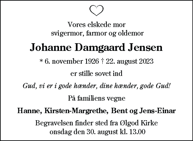 Dødsannonce for Johanne Damgaard Jensen