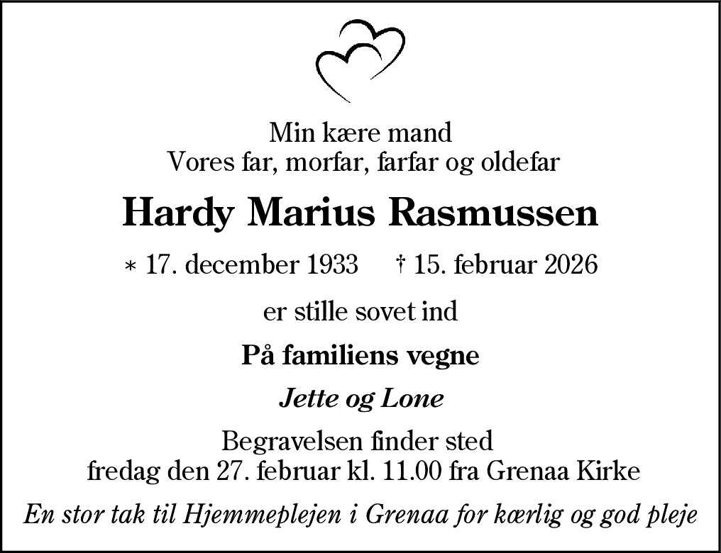 Dødsannonce for Hardy Marius Rasmussen