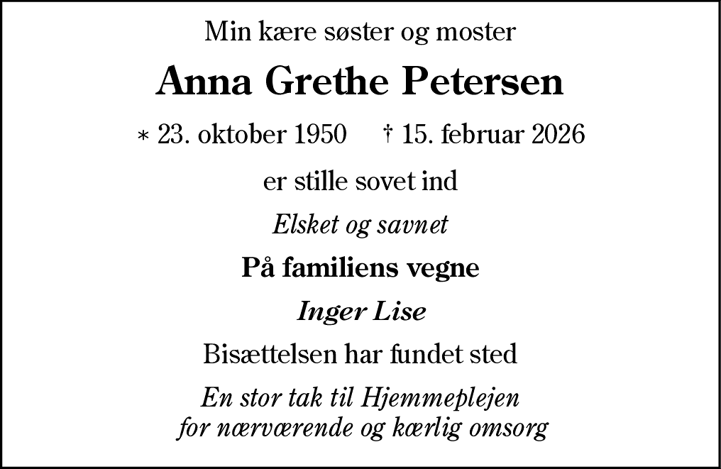 Dødsannonce for Anna Grethe Petersen