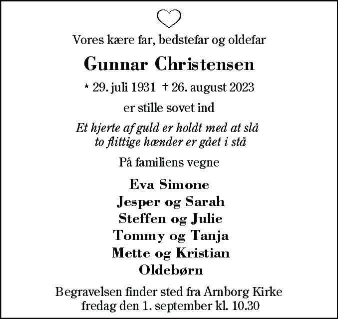 Dødsannonce for Gunnar Christensen