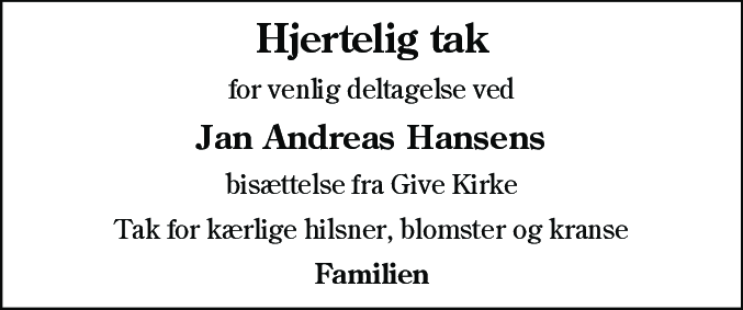 Dødsannonce for Jan Andreas Hansen