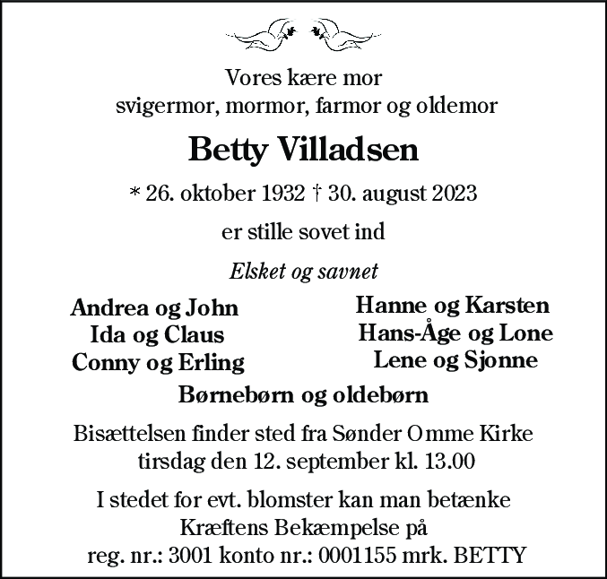 Dødsannonce for Ida Betty Villadsen