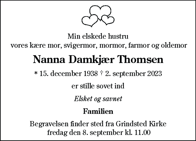 Dødsannonce for Nanna Damkjær Thomsen