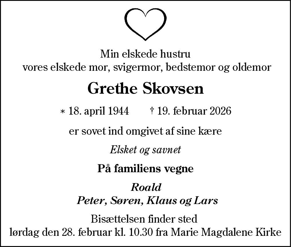 Dødsannonce for Grethe Skovsen
