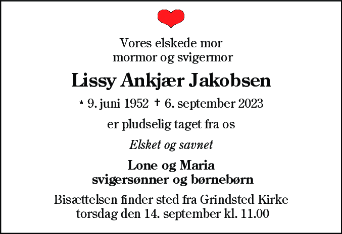 Dødsannonce for Lissy Ankjær Jakobsen