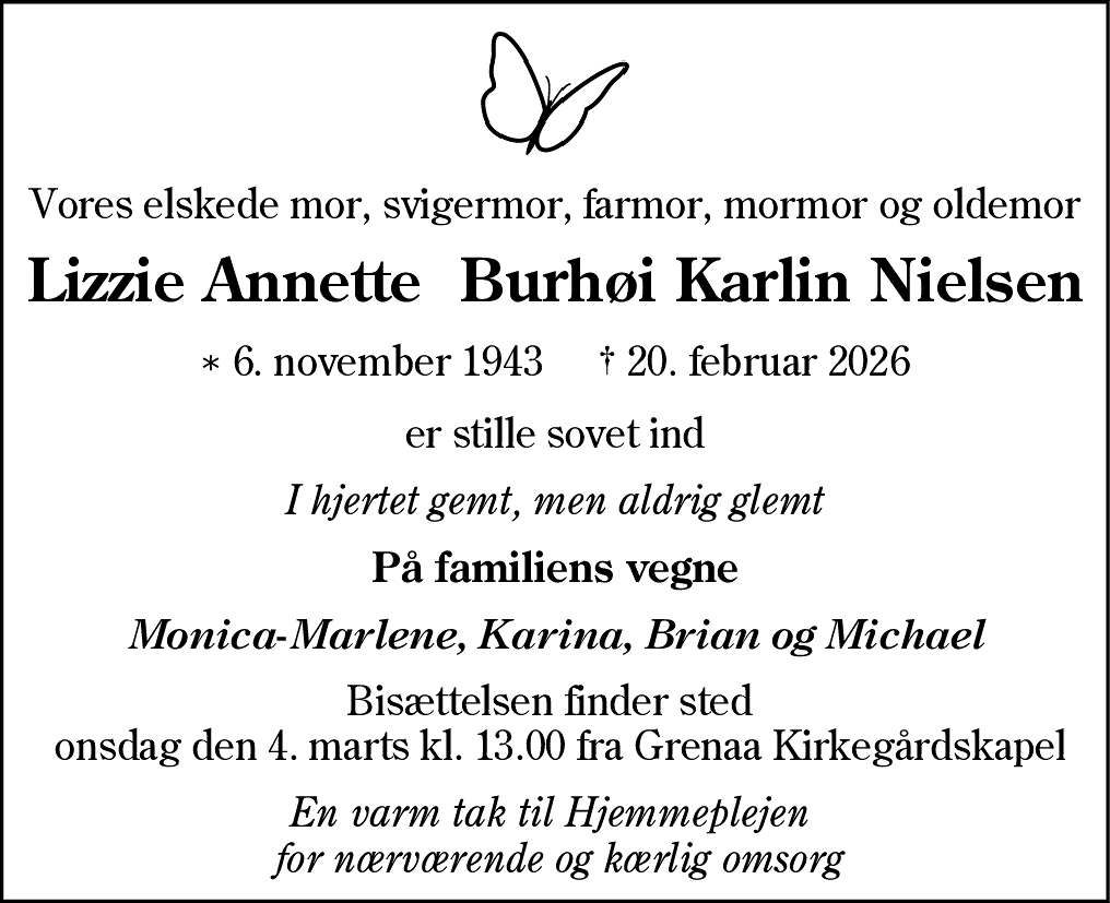 Dødsannonce for Lizzie Anette Burhøj Nielsen