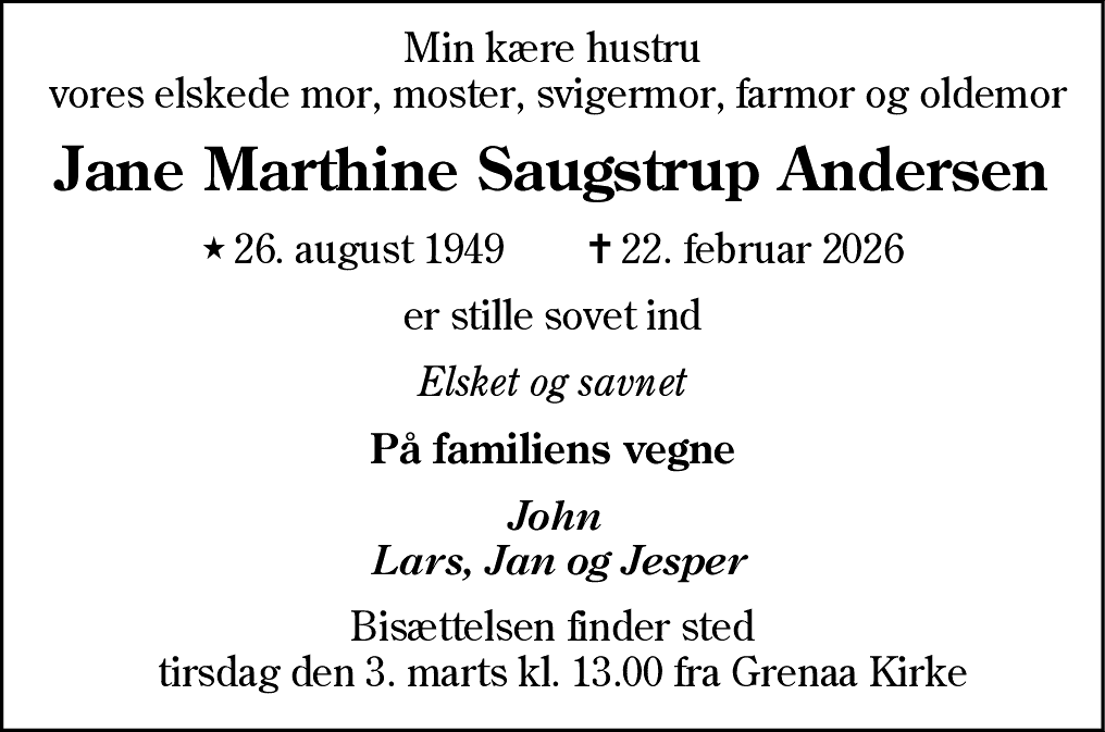 Dødsannonce for Jane Marthine Saugstrup Andersen