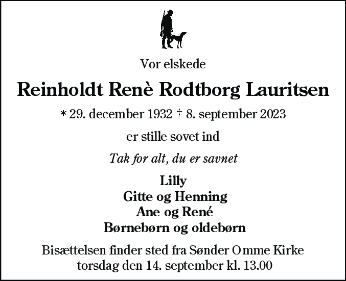 Dødsannonce for Reinholt Rodtborg Rene Lauritsen