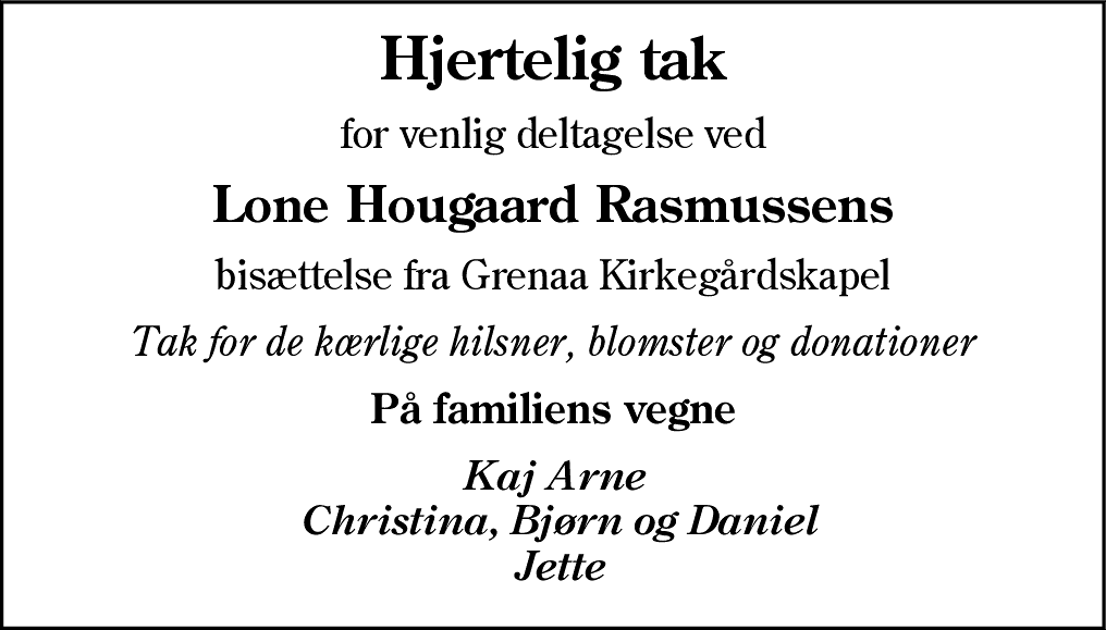 Dødsannonce for Lone Hougaard Rasmussen