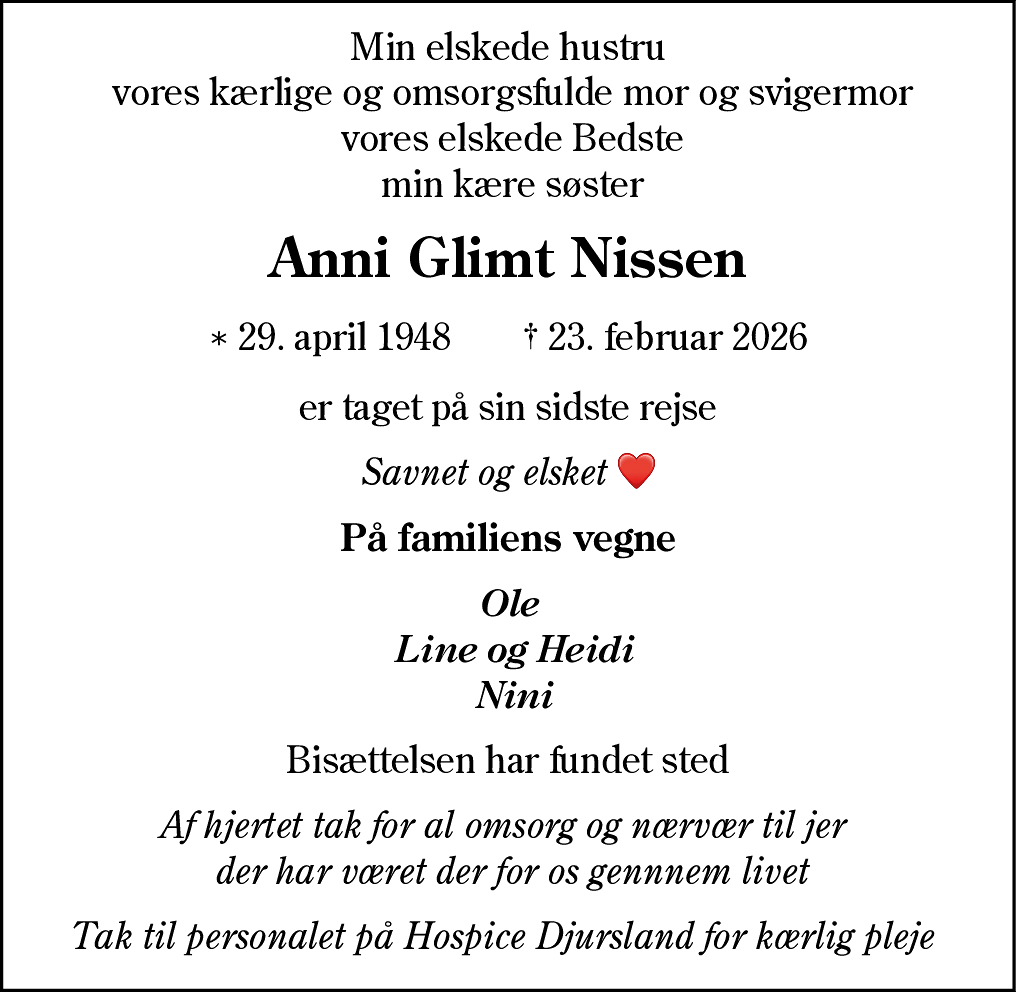 Dødsannonce for Anni Glimt Nissen