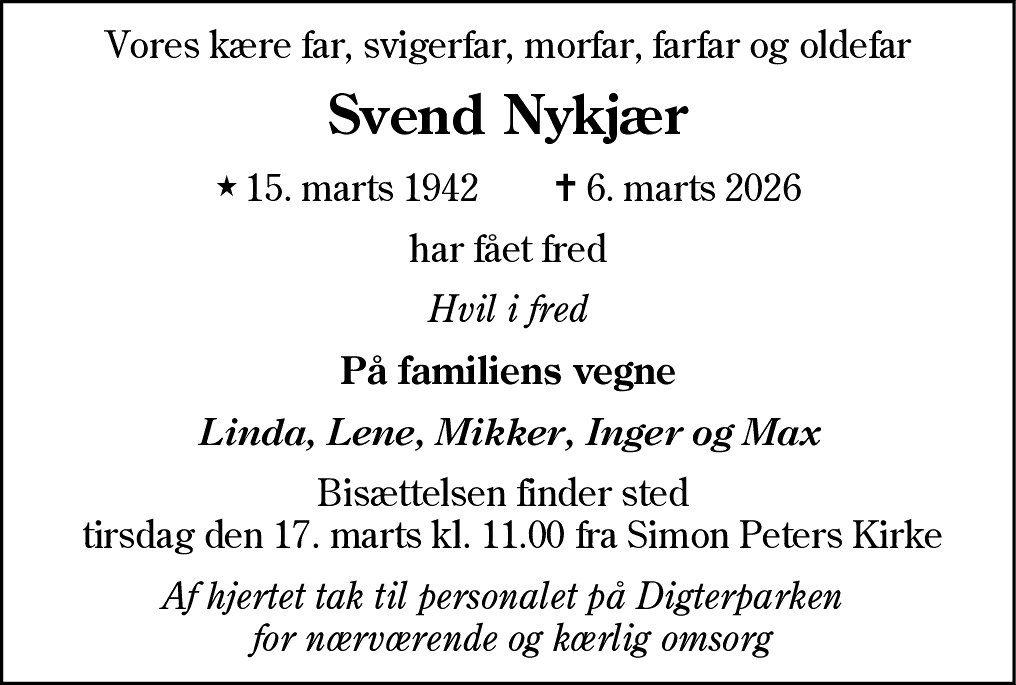 Dødsannonce for Svend Nykjær
