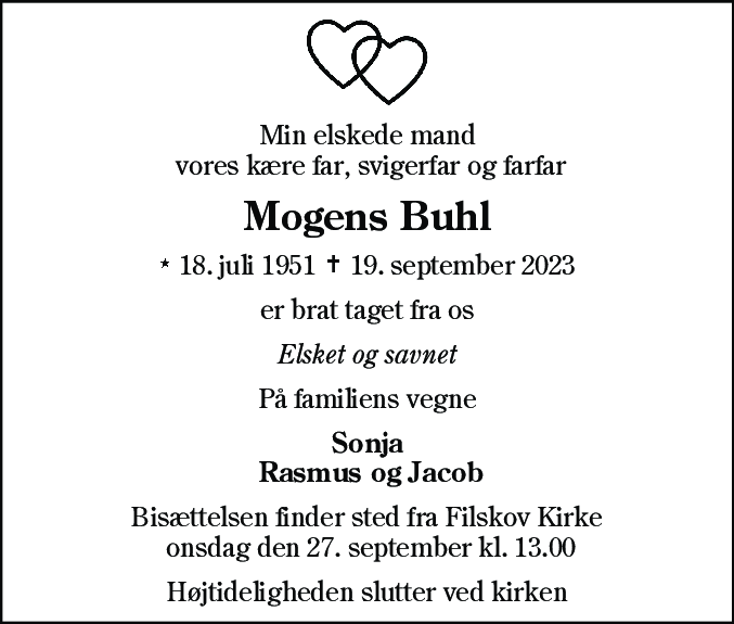 Dødsannonce for Mogens Buhl