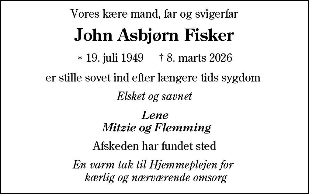 Dødsannonce for John Asbjørn Fisker