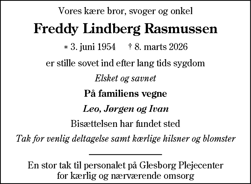 Dødsannonce for Freddy Lindberg Rasmussen