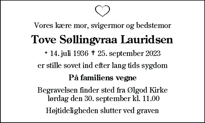 Dødsannonce for Tove Søllingvraa Lauridsen