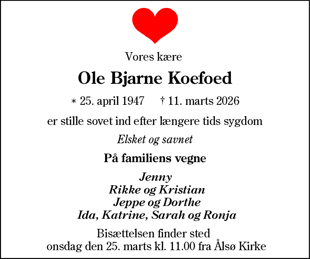 Dødsannonce for Ole Bjarne Koefoed