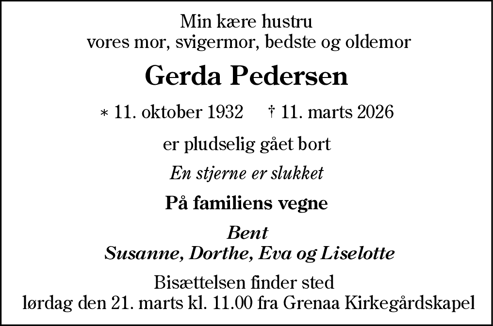Dødsannonce for Gerda Pedersen